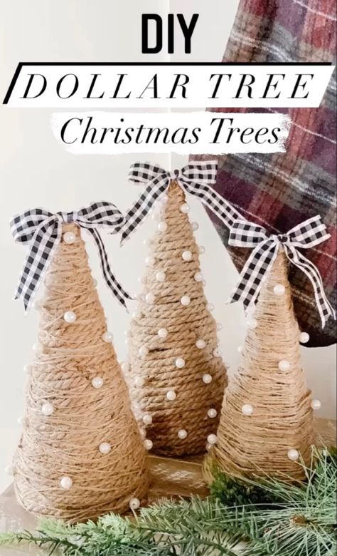 Christmas Ornaments Tree Diy, Dollar Tree Xmas Decor Diy, Winter Dollar Store Crafts, Dollar Tree Farmhouse Christmas Diy, Easy Dollar Tree Crafts Christmas, Diy Decorative Christmas Trees, Diy Twine Christmas Tree, Styrofoam Christmas Tree Crafts, Come Christmas Trees Diy