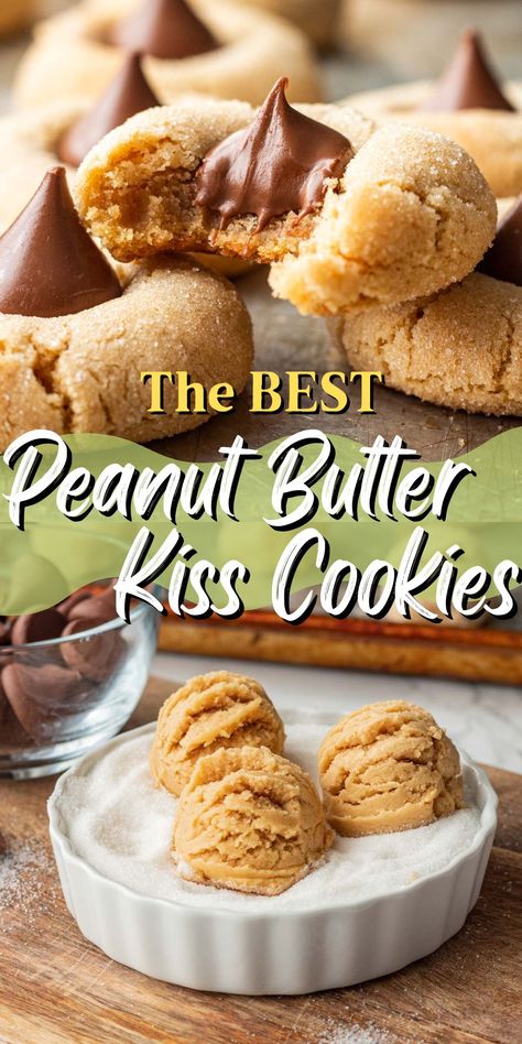 These Peanut Butter Kiss Cookies are easy to make, with a chewy peanut butter base and Hershey's Kisses in the middle! Peanut Butter Cookies With Hershey Kisses On Top, Peanut Butter Cookie With Kisses, Hersey Kiss Peanut Butter Cookies, Delicious Easy Cookie Recipes, Peanut Butter With Kisses Cookies, Peanut Butter Kisses Cookies Easy, Peanut Butter Candy Kiss Cookies, Peanut Butter Cookies With Herseys Kiss, Pb Hershey Kiss Cookies