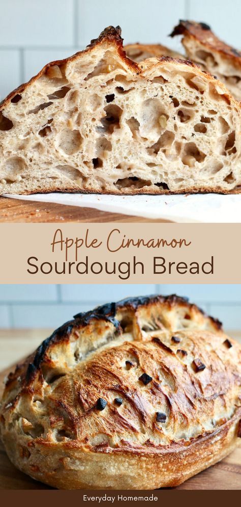 Enjoy the flavors of fall with our Apple Cinnamon Sourdough Bread recipe! Made with an active sourdough starter, this bread features fresh apples and cinnamon for a taste like apple pie. Perfect for breakfast or a snack, this sourdough bread is easy to make and delicious. Try this simple sourdough bread recipe with fall sourdough inclusions today! Fall Sourdough Recipes Bread, Soughdough Bread Recipe, Sourdough Apple Loaf, Sourdough Apple Bread Recipe, Recipes From Sourdough Starter, Autumn Sourdough Bread, Fall Sourdough Bread Flavors, Fall Sourdough Flavors, Everything Sourdough Bread