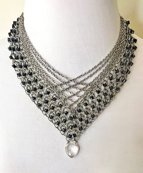 V Shaped Necklace, Stainless Steel Beaded Chainmail With Layered Chains, Gray Black Marble Beads, Crystal Quartz and Sterling Silver Pendant - Etsy Australia Chainmail Diy, V Shaped Necklace, Chainmaille Jewelry Patterns, Chain Maille Necklace, Leather Statement Necklace, Chainmail Necklace, Chainmaille Jewelry, Chainmail Jewelry, Chain Maille Jewelry