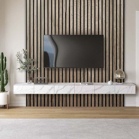 Tv Wall 2023 Trend, Slat Wood Tv Wall, Tv Wall With Wood Slats, Wooden Slat Tv Wall, Tv Wall Wood Design, Tv Wood Panel, Wooden Tv Panel, Wood Slat Wall Tv, Tv Wooden Panel Tv Walls