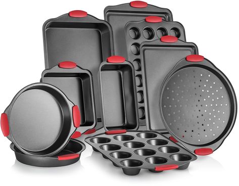 Perlli 10Piece Nonstick Carbon Steel Bakeware Set With Red Silicone Handles  Metal Reusable Quality Kitchenware For Cooking and Baking Cake Loaf Muffins andMore  Non Stick Kitchen Supplies -- Be sure to check out this awesome product. (This is an affiliate link) Turtle Cheesecake Recipes, Cake Baking Supplies, Cake Loaf, Bakeware Storage, Turtle Cheesecake, Desain Pantry, Kitchenware Set, Kitchen Oven, Baking Set