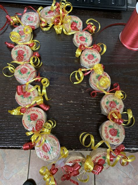 Graduation Leis Mexican, Graduation Lays Ideas, Hot Cheetos Lei For Graduation, Mexican Graduation Lei, Mexican Leis For Graduation, Usc Graduation Party Ideas, Graduation Leis Candy, Graduation Necklace Candy, Graduation Necklace Ideas