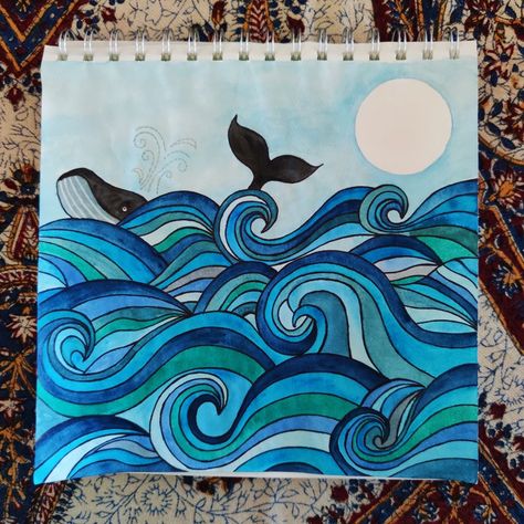 Whale In Ocean Drawing, Ocean Crayon Drawing, Sea World Painting, Ocean Marker Drawing, Ocean Art Lesson, Sharpie Watercolor Art, Sea Aesthetic Drawing, Drawing Of The Ocean, Ocean Scene Drawing