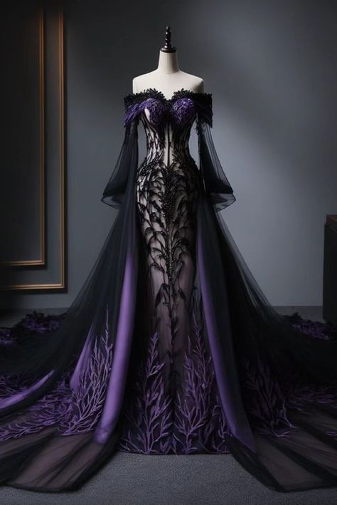 Wedding Dresses For Scorpios, Dark Fae Wedding Dress, Fantasy Gowns Purple, Gothic Bridal Dress, Dark Colored Wedding Dresses, Ethereal Dress Goddesses Dark, High Glam Photoshoot, Dark Fairy Wedding Dress, Dark Fae Dress