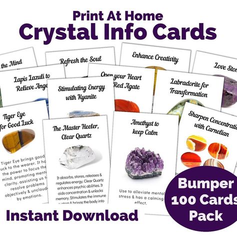 "100 crystal info cards, ready to print at home." Crystal Meaning Cards Printable, Crystal Cards Printable, Energy Transformations, Rock Minerals, Gemstone Meanings, Stones Jewelry, Cards Printable, Mineral Collection, Witchy Woman