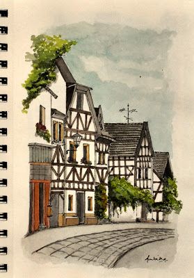 Burnt in Sienna, Original Paintings: Small towns in Germany #watercolor #sketches Germany Watercolor, Town Drawing, Harry Potter Painting, Bicycle Ride, Travel Sketchbook, Building Painting, Building Drawing, Watercolor Architecture, Sketch Books