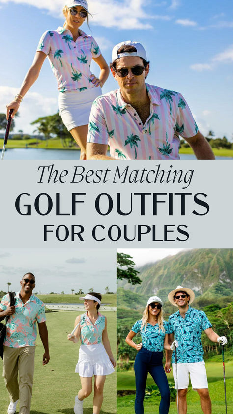 Upgrade your golf trips with these matching golf outfits for couples and foursomes. Check out the best couple golf outfits you’ll love! | Couple Goals | Matching Golf Outfits | Golf Outfit Ideas | Couples Golf Tournament Themes, Couple Golf Outfits, Couples Golf Costume, Matching Golf Outfits Couples, Golf Costumes, Couples Golfing, Golf Trips, Outfits For Couples, Matt And Nat