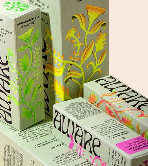 Aware Branding & Packaging by Fibra Is Where Beauty Meets Nature's Finest Essence - Design & Paper Artistic Packaging Design, Packaging With Pattern, Metallic Packaging Design, Maximalist Packaging Design, Beauty Package Design, Packaging Design Trends 2025, Beauty Product Branding, Jungle Packaging, Natural Packaging Design