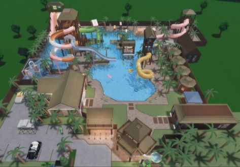 Bloxburg Amusement Park Layout, Bloxburg Community Pool, Bloxburg Indoor Waterpark, Bloxburg Water Slide Ideas, Theme Park Bloxburg, Waterpark Bloxburg Layout, Bloxburg Hotel Pool Ideas, Bloxburg Splash Pad, Water Park Ideas Bloxburg