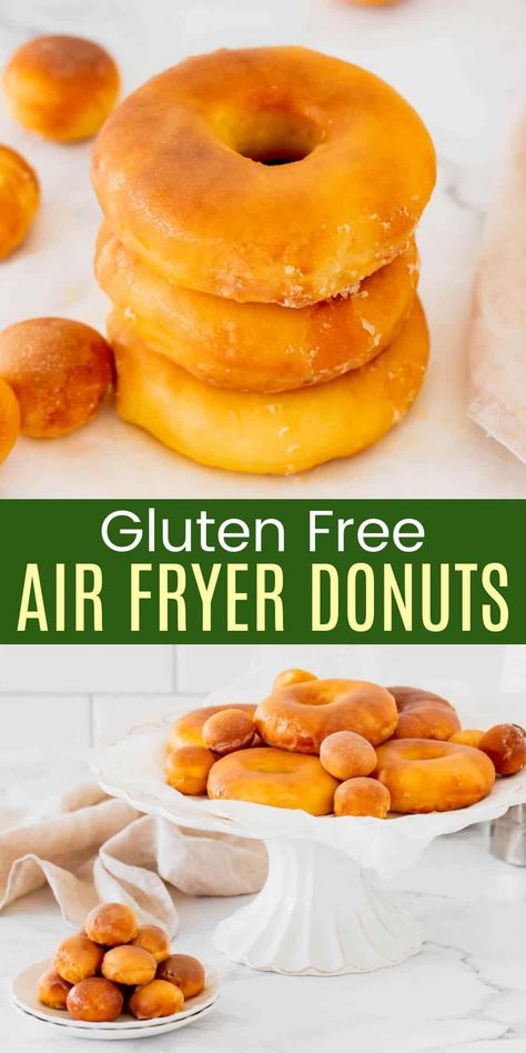 Air Fryer Glazed Donuts - an easy recipe that makes the best homemade donuts in the world, and you can even use 1-to-1 gluten free flour! Fried without any oil, the donuts are light and fluffy and the glaze is smooth and sweet. Gluten Free Donut Recipe, Air Fryer Donuts, Gluten Free Doughnuts, Raised Donuts, Glutenfri Baking, Gluten Free Yeast Free, Fried Donuts, Gluten Free Donuts, Homemade Gluten Free