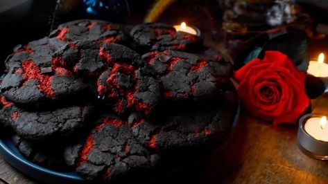 Made these lava monster cookies guaranteed to be the hot topic of any party. Lava Monster, Lava Cookies, Red Food Dye, Cherry Cookies, Cacao Chocolate, Dark Chocolate Cookies, Black Food, Food Dye, Cherry Juice