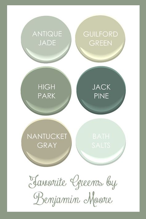 Favorite Benjamin Moore Greens. Benjamin Moore Antique Jade, Benjamin Moore Guilford Green, Benjamin Moore High Park, Benjamin Moore Jack Pine, Benjamin Moore Nantucket Gray, Benjamin Moore Bath Salts. Kimberly Grigg from Get Your Southern On. Benjamin Moore Green, Interior Paint Colors Schemes, Antique Jade, Paint Color Schemes, Gray Paint, Green Paint Colors, Benjamin Moore Paint, Antique Green, Room Paint Colors