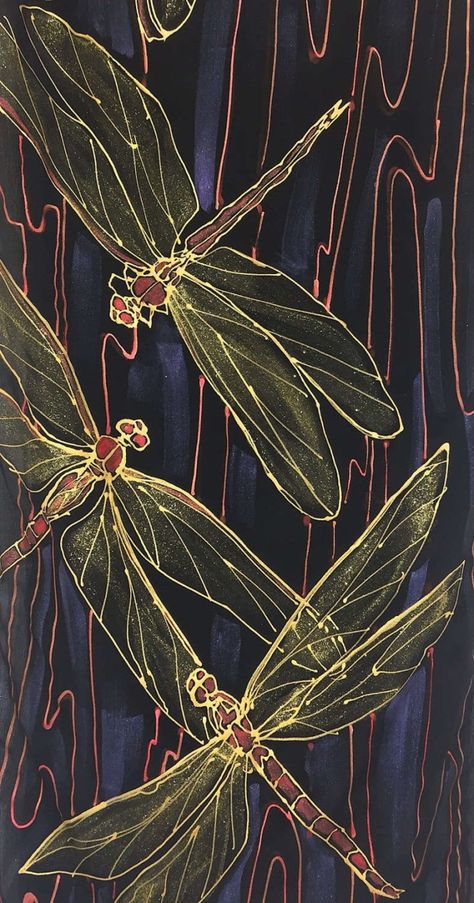 Dragonfly Artwork, Dragonfly Painting, Canvas Painting Ideas, Dragonfly Art, Gold And Red, 수채화 그림, Insect Art, Scarf Silk, Simple Acrylic Paintings