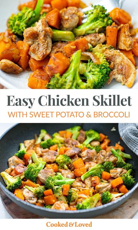 Looking for quick and easy chicken ideas for dinner? This One Pan Chicken & Veggies skillet is the ultimate dinner solution for busy nights when you want a healthy and satisfying meal without all the fuss. With juicy pan-fried chicken thighs, tender sweet potatoes and onions, crisp-tender broccoli, and fragrant garlic, this recipe is a satisfying meal that can be prepared in just one pan. It's gluten-free, Whole30, and paleo-friendly. via @irena_macri Chicken And Sweet Potato Recipe Healthy Meal Prep, Easy Chicken Ideas, Chicken And Sweet Potato Recipe Healthy, Chicken Thighs Sweet Potatoes, Chicken Ideas For Dinner, Sweet Potato And Broccoli, Sweet Potatoes And Broccoli, Pan Fried Chicken Thighs, Potato And Broccoli