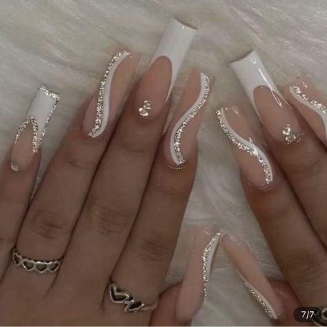 Ballet Nails, Graduation Nails, White French Tip, Gold Nail, White Acrylic Nails, French Tip Acrylic Nails, French Acrylic Nails, Long Acrylic, Acrylic Nails Coffin Short