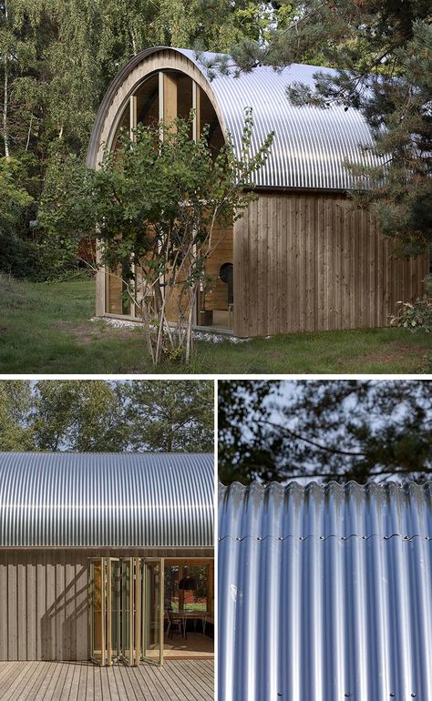 A Curved Corrugated Metal Roof Creates An Impressive Vaulted Ceiling Inside This Cabin Modern Summer House, Metal Roof Houses, Quonset Homes, Quonset Hut Homes, Curved Roof, Corrugated Metal Roof, Quonset Hut, Corrugated Roofing, Cool Tree Houses