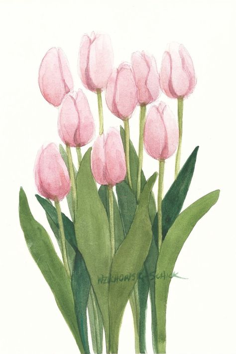 Printable Wall Collage, Tulip Painting, Pink Posters, Cat Air, Picture Collage Wall, Pink Tulips, Picture Collage, Room Posters, Original Watercolor Painting