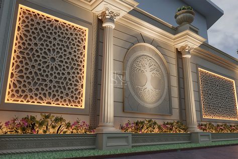 Boundary Wall Concepts - Stone Art By SKL | Stone Suppliers in Dubai, UAE Waterjet Marble Design, Boundary Wall Designs, House Hall Design, Marble Landscape, 3d Stone Wall, Boundary Wall Design, Islamic Design Pattern, Concrete Staircase, Waterjet Marble