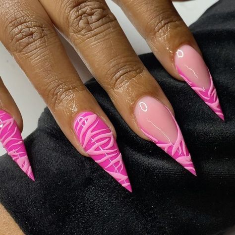 BP 🎀 on Instagram: "• it's FRENCHIE FRIDAYY • featured today are these barbie pink velvet stilettos 💅🏽💖👼🏽 Can y'alll believe i haven't done a stiletto set since 2021??? Like where are my stiletto babes attt?? thank you boo @setsbyzamirahrose for trusting me with your nails 😽🤍 if you're in the greenville area, def check her out! #stilettonails #stilettos #nails #nailsofinstagram #longnails #pinknails #pinkfrenchies #barbienails #zebranails #ncnails #ncnailtech #nailinspo #nailart #nailartist #uncpnails #fayettevillenails" Pink Stilleto Nail Ideas, Hot Pink Stiletto Nails Design, Pink Nails With Design Ideas, Pink Stilletos Nails, Pink Stiletto Nails Designs, Stiletto Pink Nails, Pink Stilletos, Stiletto Birthday Nails, Pink Nails Stiletto