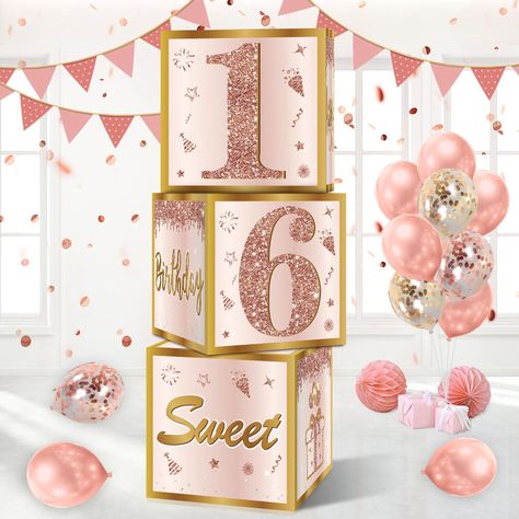 PRICES MAY VARY. [You Will Get] -3 Pcs pink rose gold 16 birthday balloon boxes, 11.8 inches cube, enough to decorate your 16th birthday party, Make great memories for you and your family! (Note: This set does not include balloons) [Sweet 16] - The sweet 16 birthday cardboard box is dominated by romantic pink rose gold, The bright diamonds number "16" and rose gold glitter "16" high-lighted the 16 themed party. Cake, gift box and other party patterns add more joy and sweet to your party. [Widely Pink And Gold Party Backdrop, Blush And Gold Party, Rose Gold 18th Birthday Party Ideas, Pink And Gold Decor, Backyard Birthday Party Decorations, Rose Gold Birthday Party Decorations, Sweet 16 Birthday Party Ideas, Sweet 16 Pink Theme, Sweet Sixteen Decorations