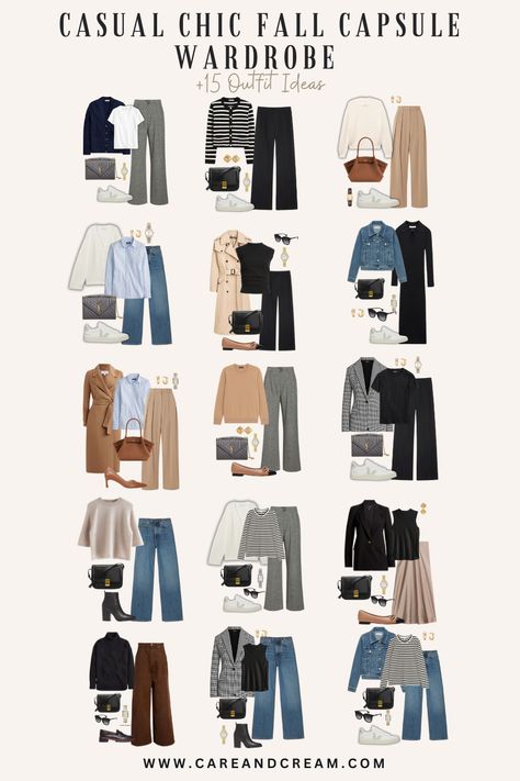 Discover the ultimate guide to a casual chic fall capsule wardrobe! This blog post breaks down your fall wardrobe essentials and fall basics into classy, cozy, and stylish staples. Find out how to create casual chic fall outfits. Perfect autumn outfits and fall outfits for women with these 15 fall outfit ideas. Elevate your fall style effortlessly! Autumn Looks 2024 Women, Autumn Basic Outfit, Autumn 2024 Capsule Wardrobe, Uk Autumn Outfits, Classy Look Outfit, Autumn Casual Outfits Women, Carry On Capsule Wardrobe Fall, Fall Capsule Wardrobe 2024 Work, Fall Winter Capsule Wardrobe 2024