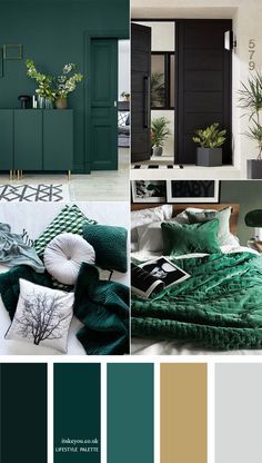 Dark green color palette with muted gold - Home color decor #color #colorpalette #homecolor #green  #greencolors Dark Green Color Palette, Rustic Wedding Decorations, Decor Color Palette, Green Color Palette, Living Room Color Schemes, Dark Green Color, Room Color Schemes, Green Colour Palette, Bedroom Color Schemes