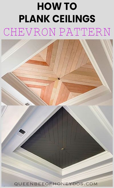 How To Install a Chevron Plank Ceiling - Part 3 of the One Room Challenge Makeover! See this dining room be converted into an updated, classy, office space! #renovations #office #ceiling #shiplap #planked Accent Ceiling Entry Way, Recessed Ceiling Living Room, Ceiling Inlay Ideas, Living Room Fireplace Vaulted Ceiling, Cool Ceiling Design, Black Shiplap Ceiling Bedroom, Trey Ceiling Ideas Bedroom, Hallway Ceiling Design, Foyer Ceiling Design