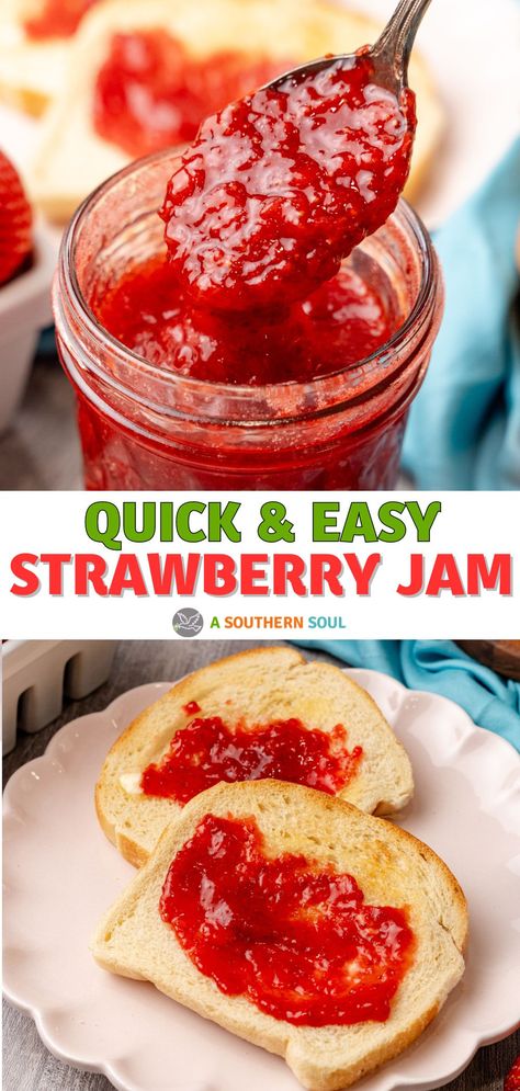 Quick Strawberry Jam Crockpot Strawberry Jam, Strawberry Jam Recipe Canning, Refrigerator Strawberry Jam, Strawberry Canning, Strawberry Jelly Recipes, Strawberry Jam Recipe Without Pectin, Fresh Strawberry Jam, Strawberry Jams, Easy Meringues