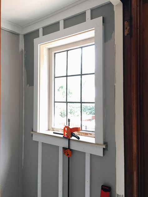 Powder Room With Window, Bathroom Window Trim, Board And Batten Powder Room, Vertical Board And Batten, Modern Board And Batten, Linoleum Tiles, Batten Walls, Window Remodel, Modern Powder Rooms