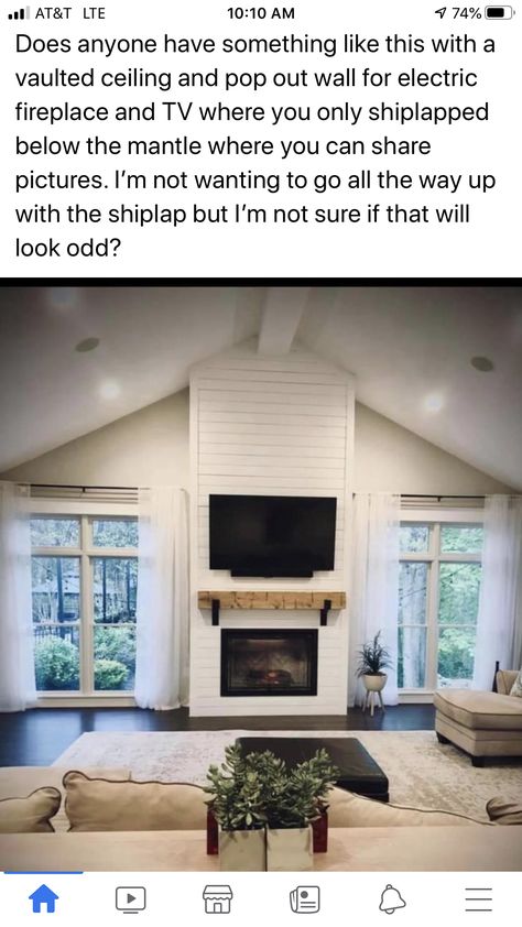 Tv Above Fireplace Vaulted Ceiling, Two Story Fireplace Ideas Shiplap, Vaulted Ceiling Chimney, Floor To Ceiling Fireplace Shiplap, Diy Fireplace Cathedral Ceiling, Gas Fireplace Vaulted Ceiling, Faux Fireplace Diy Vaulted Ceiling, Vaulted Fireplace Wall Shiplap, Shiplap Wall Living Room Fireplace