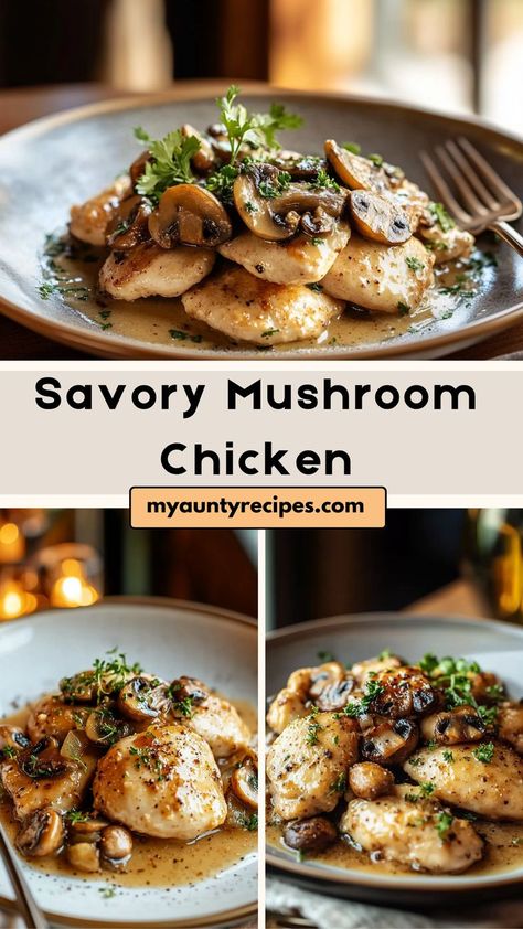 This Easy Savory Mushroom Chicken recipe is a delightful way to enjoy dinner! Featuring tender chicken breasts simmered with flavorful mushrooms in a creamy sauce, it’s perfect for busy weeknights or special occasions. Serve with your favorite sides for a delicious meal that’s sure to impress your family and friends! Chicken With Onions And Mushrooms, Mushrooms And Chicken Recipes, Easy Chicken And Mushroom Recipes, Chicken Breast Mushroom Recipes, Chicken Breast And Mushroom Recipes, Chicken And Mushroom Recipes Healthy, Chicken With Mushrooms Recipes, Chicken And Mushrooms Recipes, Mushroom Chicken Recipes