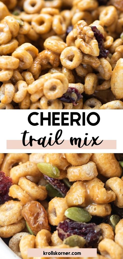 cheerios mixed with dried fruits, nuts and peanut butter Cheerio Mix Snacks Ideas, Breakfast Chex Mix Recipes, Healthy Snacks For Softball Tournaments, Dried Fruit Trail Mix Recipes, Breakfast Trail Mix Recipes, Healthy Cheerio Snacks, Cheerios Snack Mix Recipes Healthy, Healthy Snack Mix Recipes Clean Eating, Cheerio Snack Mix Recipes