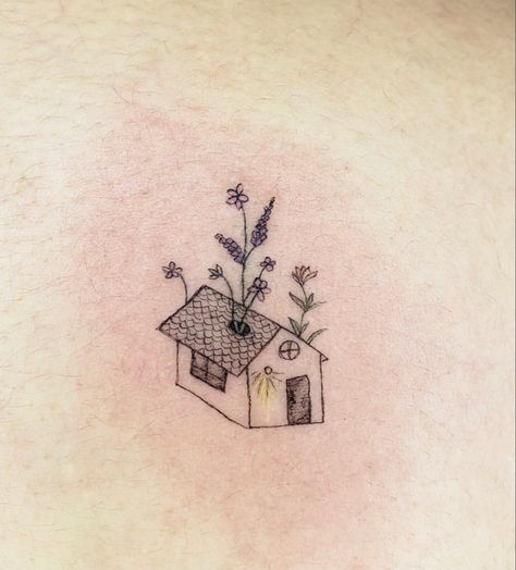 Tattoo - House with flowers growing out Dainty House Tattoo, Tiny Garden Tattoo, Tattoos About Growing Up, House Tatoos Ideas, Garden Flower Tattoo, Green House Tattoo, Such A Pretty House Tattoo, Flower Growing Tattoo, Small Garden Tattoo