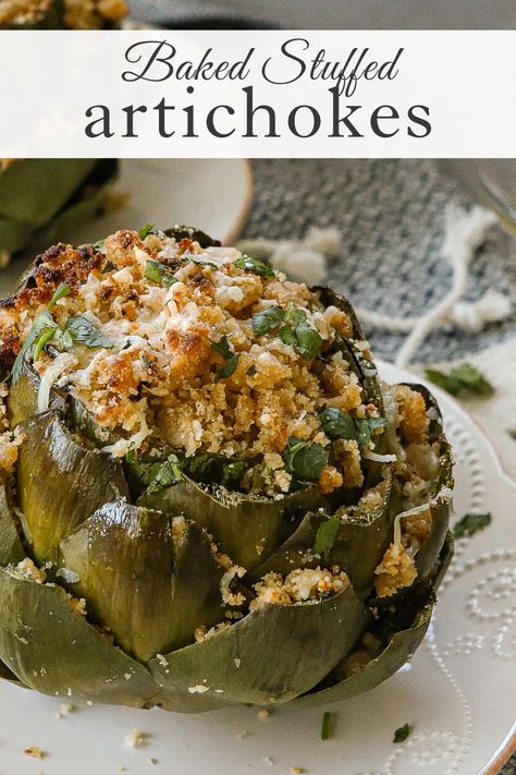 Baked Stuffed Artichoke recipe How To Make Stuffed Artichokes, Baked Stuffed Artichokes Italian, Stuffed Artichoke Recipes Baked, Artichoke Snack Recipes, How To Bake Artichoke In Oven, Crab Stuffed Artichokes, Oven Baked Artichoke, Artichoke Hearts Oreganata, Easy Stuffed Artichokes