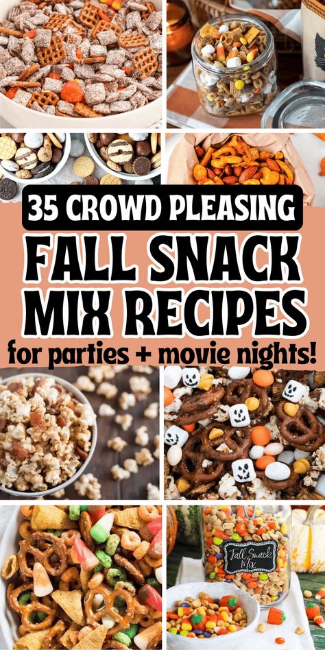 Easy fall snack mix recipes! These fall snack mix ideas are the best sweet and salty no bake fall party snacks for a crowd. With fun ingredients like candy corn, popcorn, bugles, white chocolate, these fall chex mix recipes are perfect for kids after school snacks, in treat bags for a bake sale, or movie night snacks. With gluten free and healthy fall snack mixes, halloween snack mix ideas, harvest snack mix for fall, autumn mix, trail mix recipes, pumpkin spice snack mix, Thanksgiving snacks. Baked Snack Mix Recipes, Thanksgiving Mix Snack, Halloween Popcorn Bar Ideas, Fall Party Mix Ideas, Fall Popcorn Snack Mix Recipes, Fall Snack Bar Ideas, Quick And Easy Fall Snacks, Fall Harvest Mix Recipe, Healthy Fall Snacks For Party