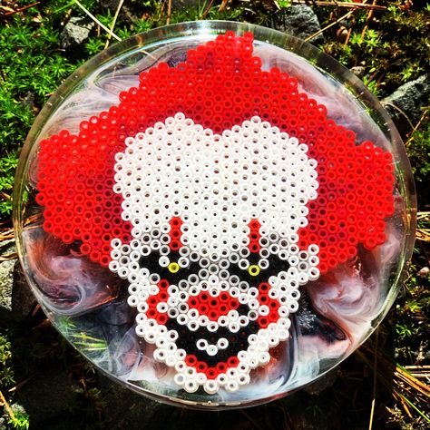 Pennywise resin perler coaster Perler Beads Pattern, Melt Beads Patterns, Hamma Beads Ideas, Perler Creations, Pearl Beads Pattern, Easy Perler Beads Ideas, Beads Pattern, Fuse Bead Patterns, Hama Beads Design