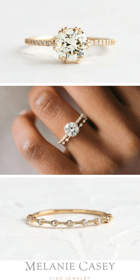 Wedding Rings Halo Round, Gold Wedding Band With White Gold Engagement Ring, Distance Band Engagement Ring, Dainty Band Engagement Ring, Simple Wedding Sets Rings, Round Ring With Diamond Band, Wedding Ring With 2 Bands, Mismatched Engagement Ring And Band, Mixing White Gold Engagement Ring With Yellow Gold Wedding Band