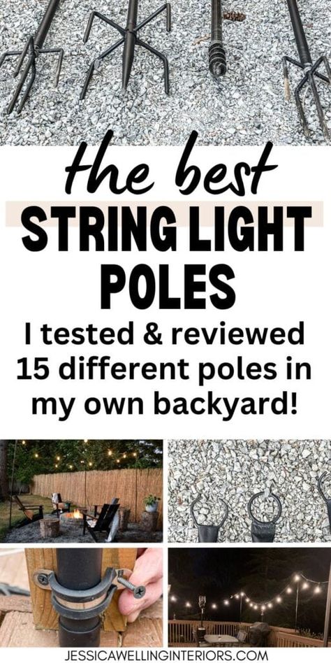 I bought and tested 15 different ready-made string light poles to find the best posts for every location- patios, grass, deck railings, fences, gravel, etc. Outdoor Lights Hanging Ideas, Small Patio Hanging Lights, Yard Pole Lights, Lighting Poles Outdoor, Hanging Lights In Backyard Patio, Garden Lights Poles
Backyard Poles For Lights, Poles For String Lights On Deck, Stringing Outdoor Patio Lights Hanging Lights In Backyard, Deck String Lights, String Light Poles, Backyard String Lights, Patio Railing, Outdoor Curtains For Patio, Diy String Lights, Hanging String Lights, Backyard Garden Landscape