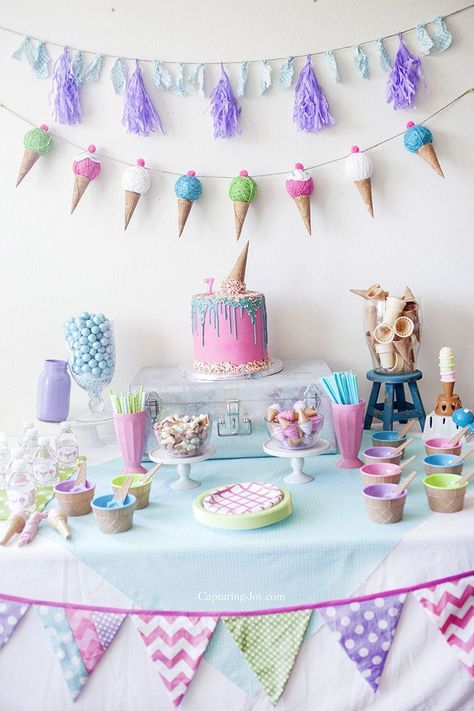 Ice Cream themed birthday party ideas! From food to decor we have you covered! 4de Verjaardag, Ice Cream Party Theme, Summer Party Themes, Ice Cream Birthday Party, Ice Cream Theme, Ice Cream Social, Ice Cream Birthday, Ice Cream Party, Decorations Party