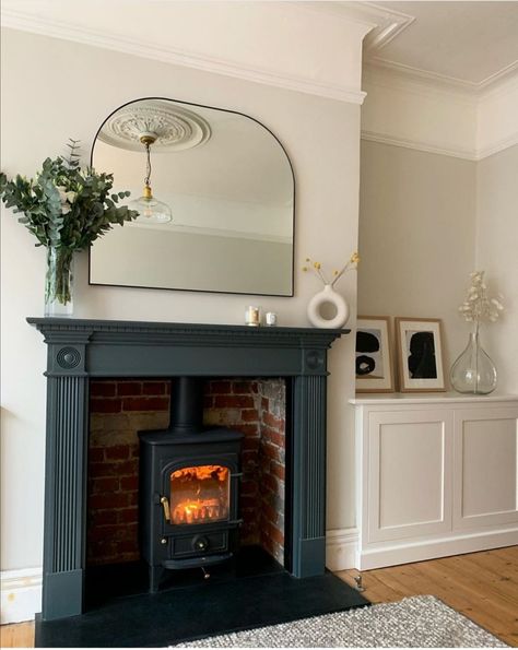 Wood Burner Victorian House, Built In Stove Fireplace Ideas, Log Burner 1930s Living Room, Small Victorian Lounge, Victorian House Log Burner, Log Burner In Fireplace, Log Burner Victorian Fireplace, Log Burner With Surround, Victorian Log Burner