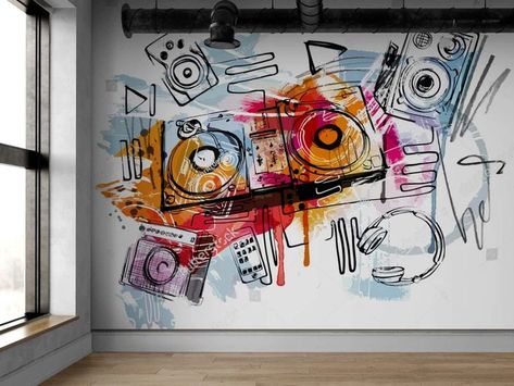 Graffiti Wallpaper For Bedroom, Basement Graffiti Wall, Modern Graffiti Wall Art, Wall Mural Graffiti, Art Room Wall Mural, Graffiti Murals Interior, Art Studio Mural Ideas, Graffiti Garage Wall, Music Mural Ideas