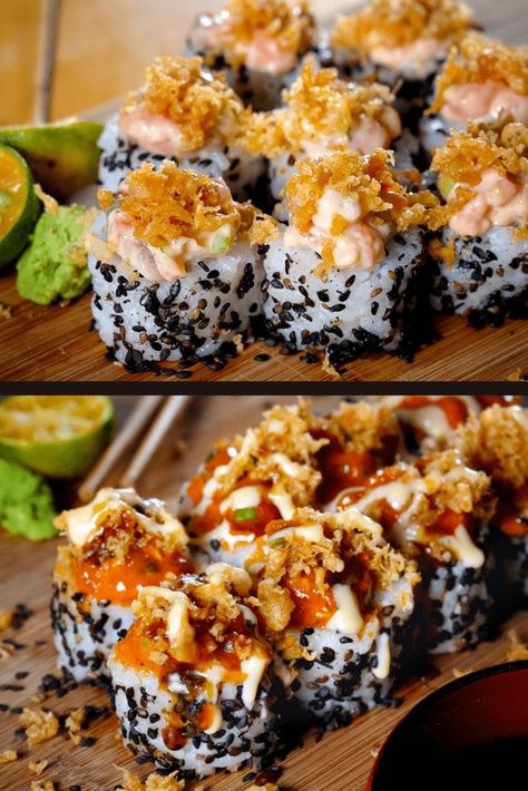 Sushi Dynamite Roll, Dynamite Sushi Roll Recipe, Tempura Sushi Rolls Recipe, Beef Sushi Roll, Homemade Sushi Rolls Recipes, Dynamite Roll Sushi, How To Roll Sushi, Dynamite Sauce, Shrimp Sushi Rolls