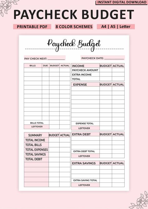 Get your finances in order with this easy-to-use paycheck budget planner. Includes a printable spreadsheet and tracker to help you stay on Paycheck Tracker, Paycheck Planner, Money Journal, Life Organisation, Life Organization Binder, Budget By Paycheck, Budget Spreadsheet Template, Paycheck Budget, Budget Planner Template