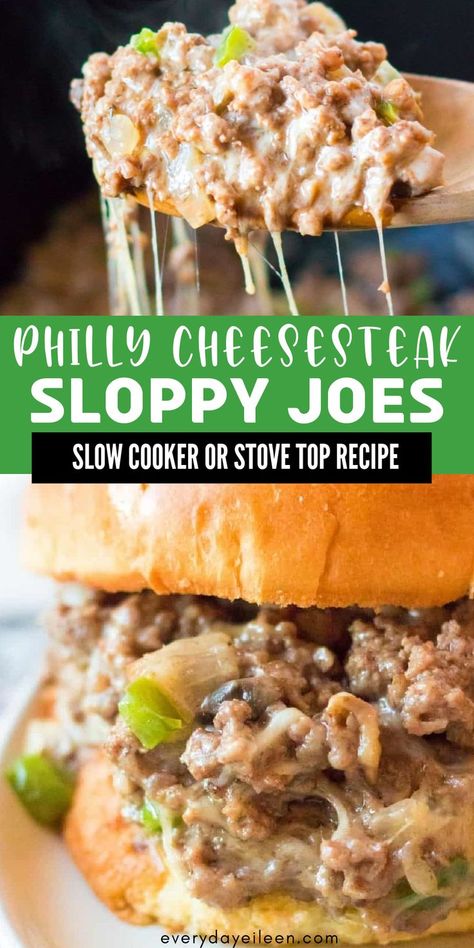 Ground beef with melted cheese sandwiches with Pinterest overlay. Cheesesteak Sloppy Joes, Ground Beef Crockpot Recipes, Philly Cheesesteak Sloppy Joes, Beef Sandwich Recipes, Slow Cooker Ground Beef, Ground Beef Dinner, Crockpot Steak, Summer Crockpot Recipes, Slow Cooker Recipes Beef