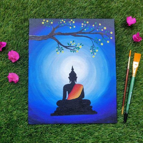 Simple Wall Painting Ideas Budha, Bhudha Pics Painting Easy, Buddha Shadow Painting, Budha Easy Painting, Buddha Acrylic Painting Easy, Buddha Painting Easy, Simple Buddha Painting, Positivity Paintings, Cool Colours Painting