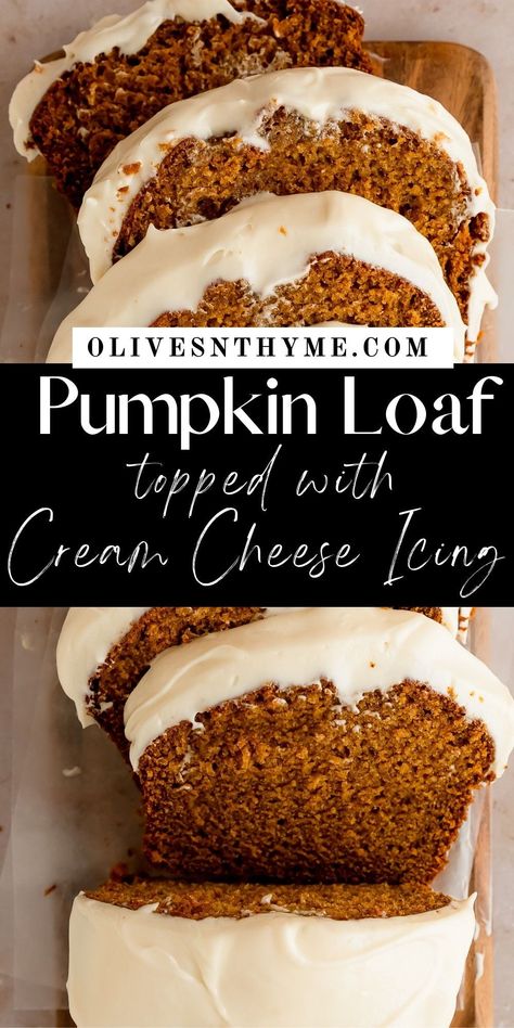 This Pumpkin Bread with Cream Cheese Frosting is a moist, flavorful and delicious pumpkin and spice filled loaf that’s perfect for fall baking. Enjoy this pumpkin bread topped with a sweet, creamy and tangy cream cheese icing. Pumpkin Loaf With Cream Cheese Icing, Pumpkin Bread With Brown Butter Cream Cheese Frosting, Pumpkin Bread Easy Recipes, Pumpkin Bread Cupcakes, Pumpkin Cheesecake Loaf Recipe, Pumpkin Bread Recipe With Icing, Pumpkin Spice Bread Easy, Pumpkin Bread Topping Recipe, Pumpkin Loaf With Glaze