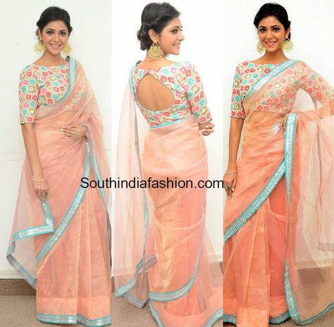 Actress Priyanka Bhardwaj attended the press meet of Mister 420 movie wearing a light peach organza net saree and boat neck blouse Boat Neck Saree Blouse Design, Peach Colour Blouse Designs, Unique Blouse Designs Saree, Blouse Boat Neck Design, Blouse Ideas For Lehenga, Back Designs For Blouse Saree, Priyanka Bhardwaj, Linen Saree Blouse Designs, Boat Neck Blouses