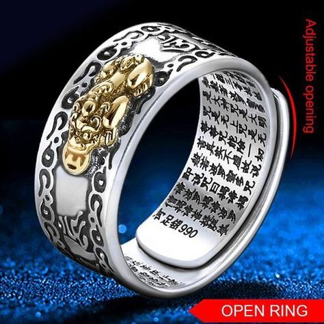 Pixiu Charms Ring Feng Shui Amulet Wealth Lucky Open Adjustable Ring, According Chinese ancient buddhist is believe to attract; Good luck, Wealth and Good fortune. Mantra Ring, Buddhist Jewellery, Om Mani Padme Hum, Costume Jewelry Rings, 7 Chakras, Charm Rings, Sanskrit, Men's Rings, Types Of Rings