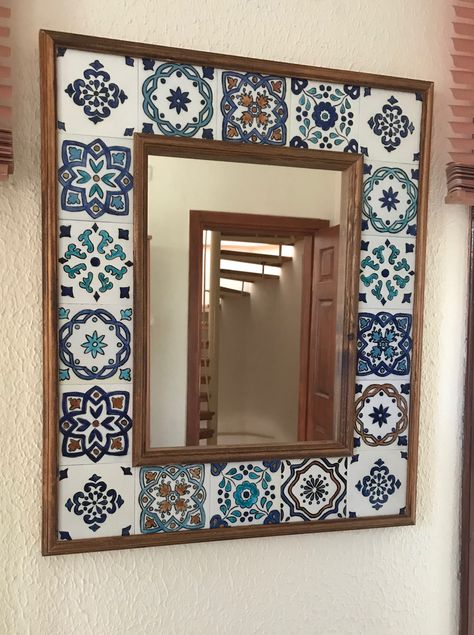 Diy Mirror Wall Decor, Diy Mirror Wall, Ceramic Framed, Tile Crafts, Diy Tile, Mirror Mosaic, Mirror Tiles, Blue Pottery, Diy Mirror